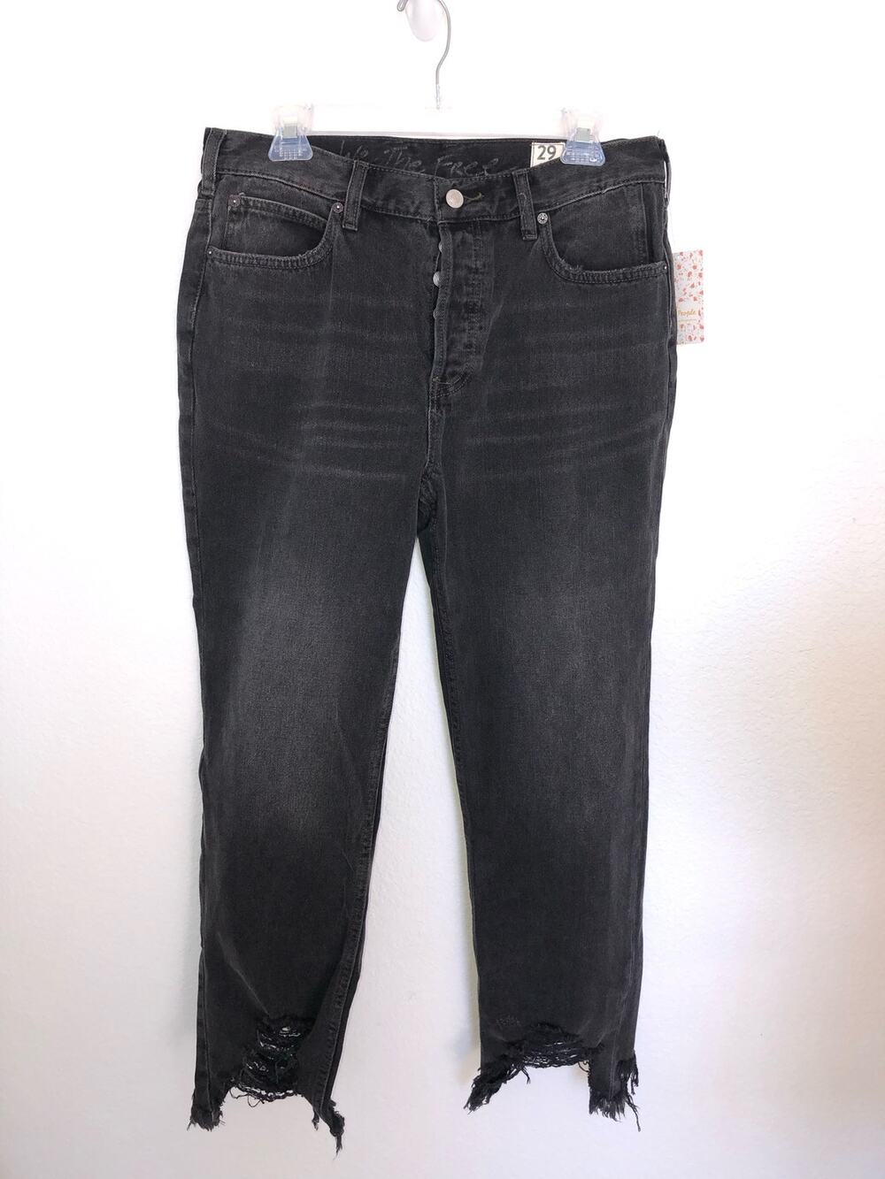 Free People Rugged Black Distressed Ankle Fly Button Straight Leg Jean - 29